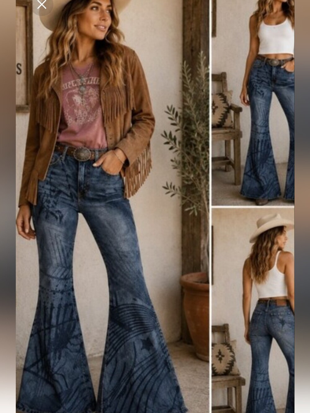 Women's Blue Flare Jeans with Palm-Print Accent